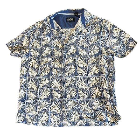 Nat Nast Blue White Silk Blend Hawaiian Shirt Size Large Button Up Palm Leaves - Picture 1 of 6